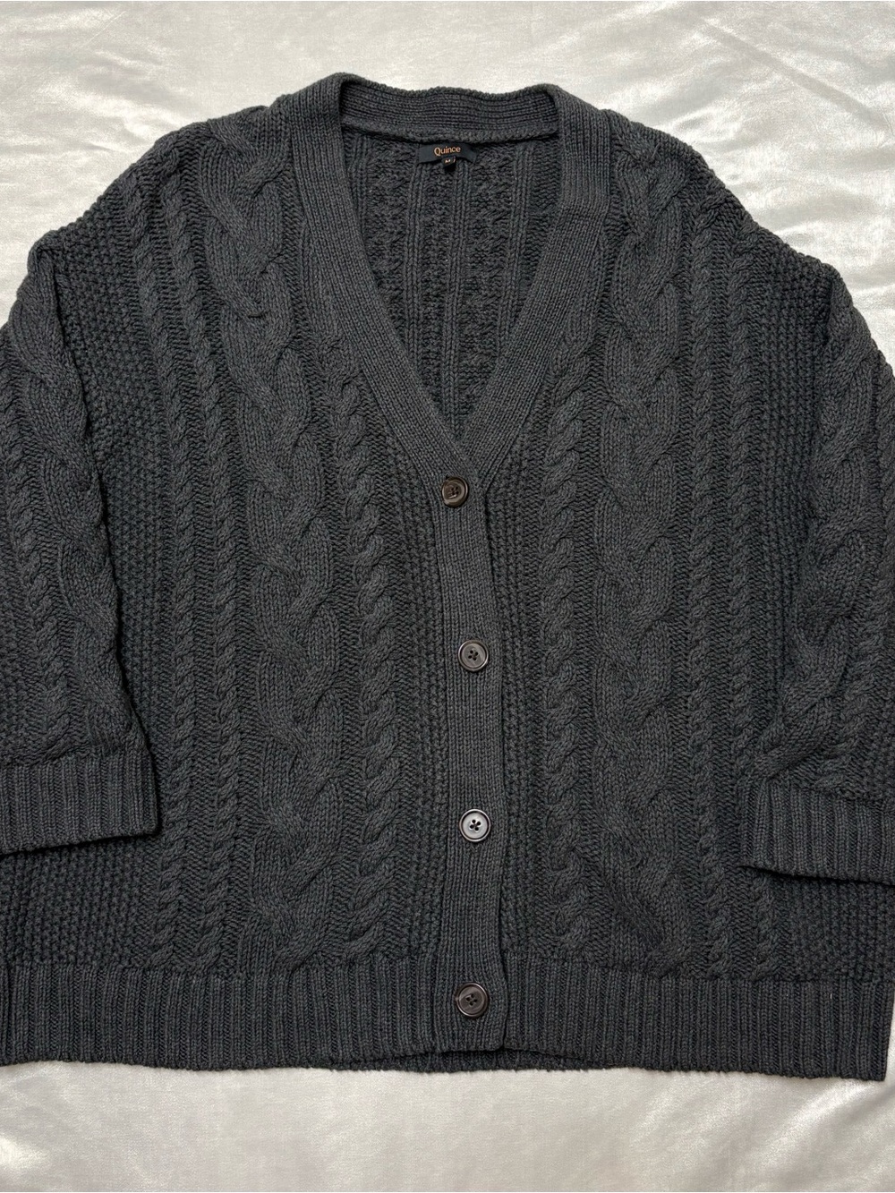 Quince 100% Organic Cotton Oversized Cable Knit Cardigan Charcoal M